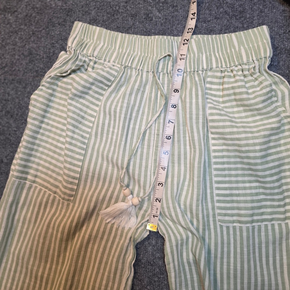Salty Lemon Sage Green White Striped Wide Leg 100% Cotton Linen Pants Coastal - Picture 15 of 16